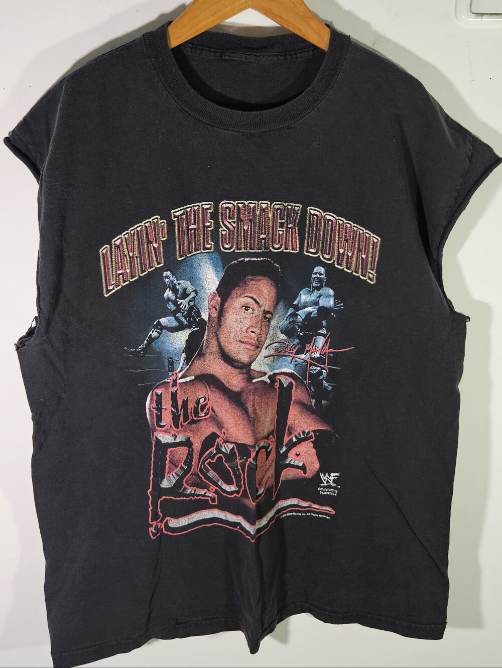 Vintage 1999 WWF Dwayne The Rock Johnson Double Sided Black Graphic Cut Tank Top